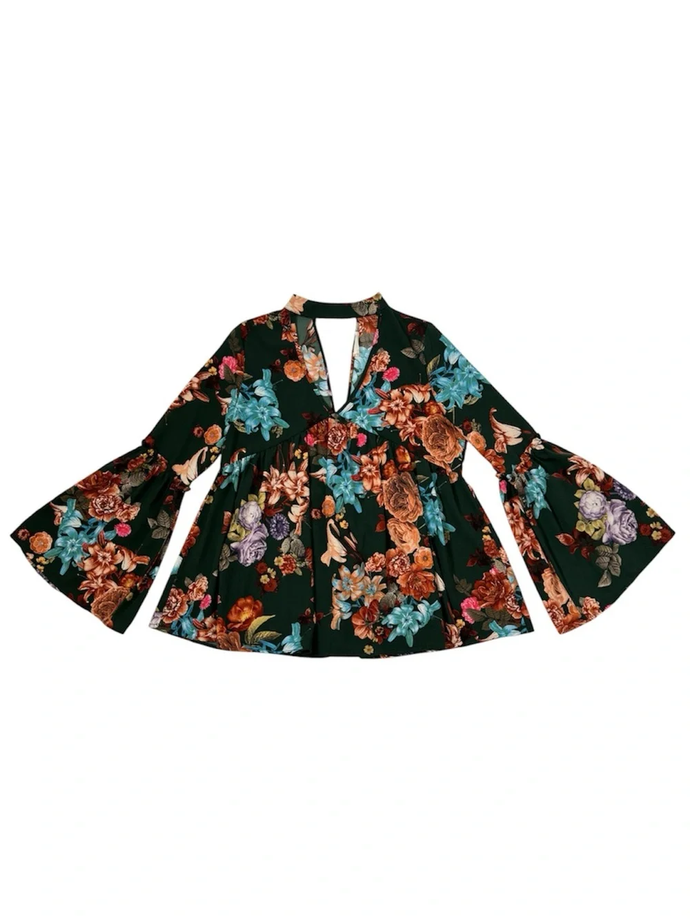 Altar’d State Green Floral Blouse Flare Bell Sleeve Choker Collar Top SZ Medium